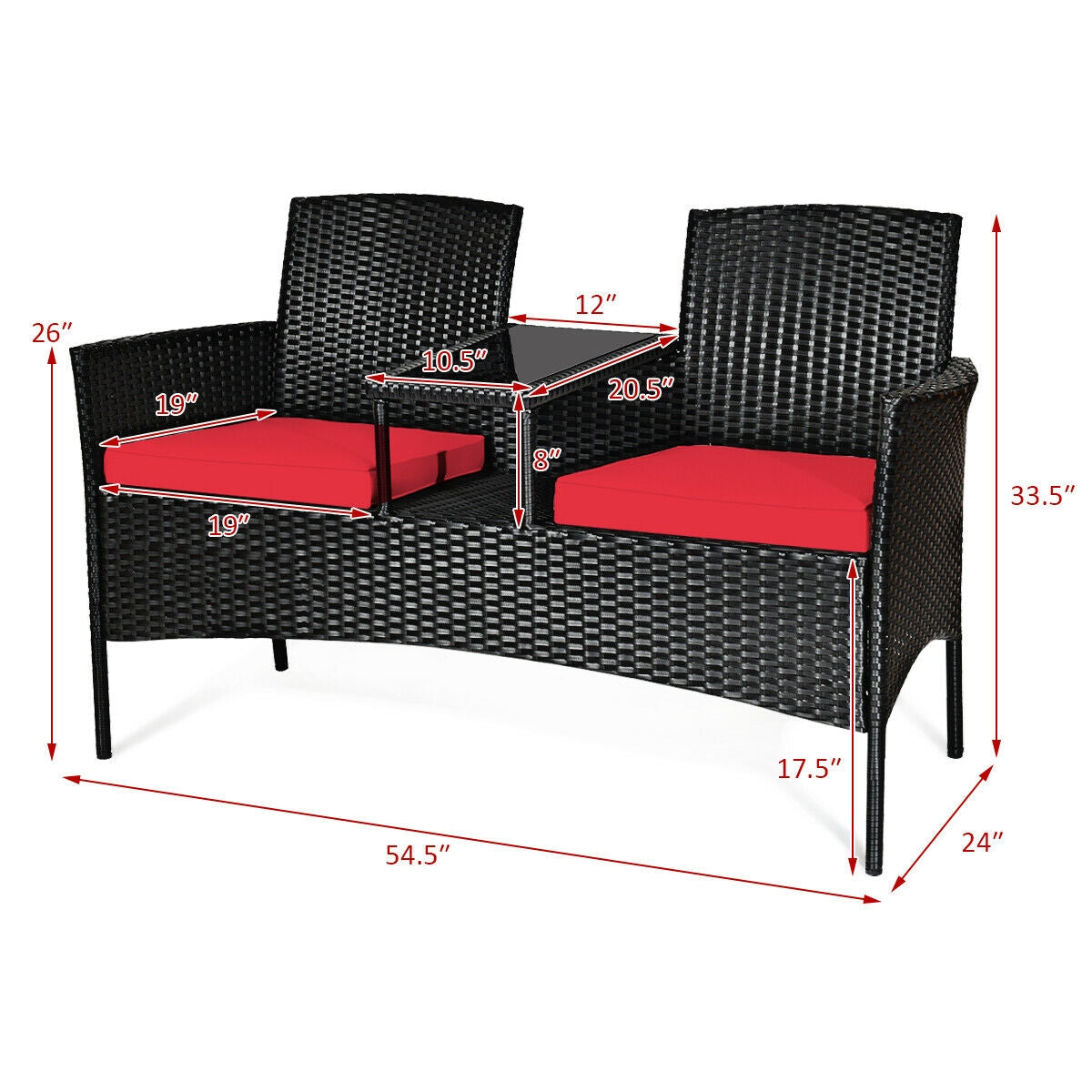 Wicker Patio Conversation Furniture Set with Removable Cushions and Table-Red - Fully Assembled