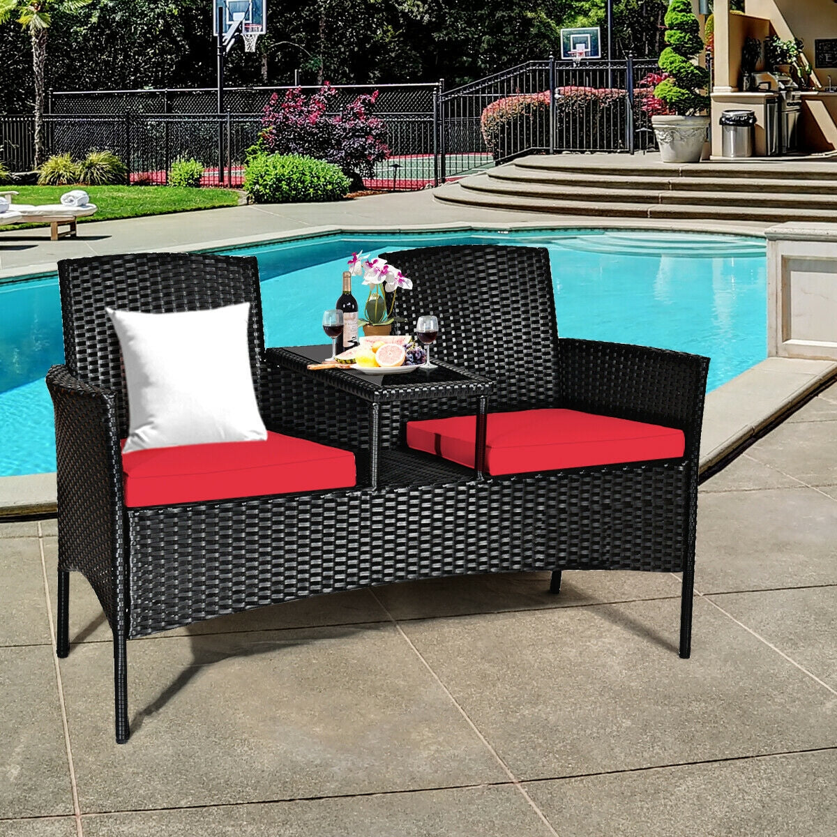 Wicker Patio Conversation Furniture Set with Removable Cushions and Table-Red - Fully Assembled