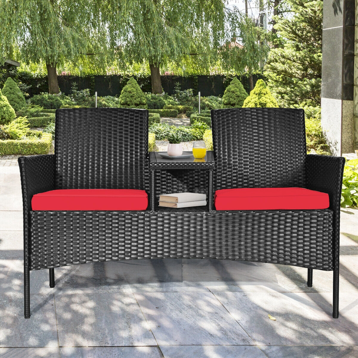 Wicker Patio Conversation Furniture Set with Removable Cushions and Table-Red - Fully Assembled