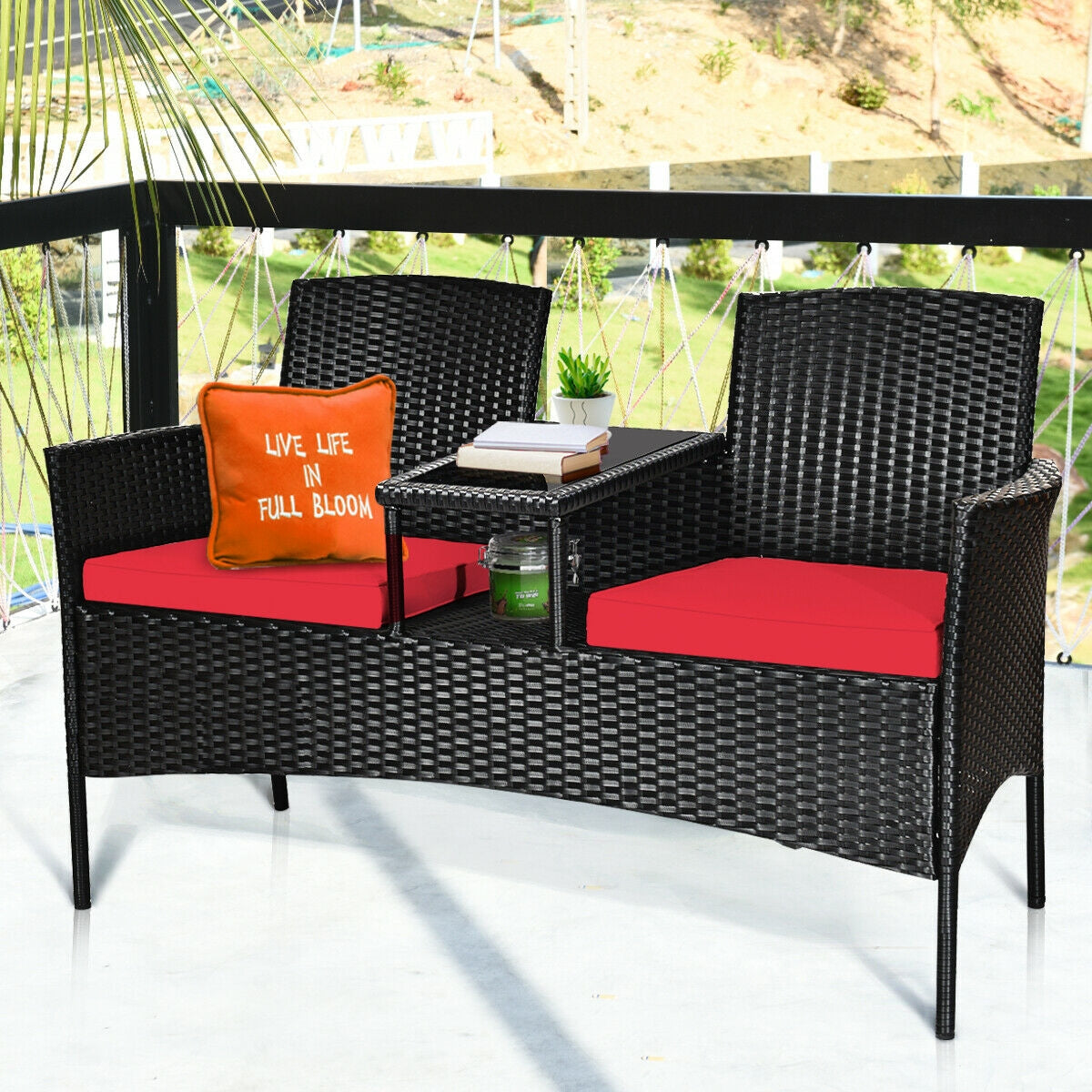 Wicker Patio Conversation Furniture Set with Removable Cushions and Table-Red - Fully Assembled