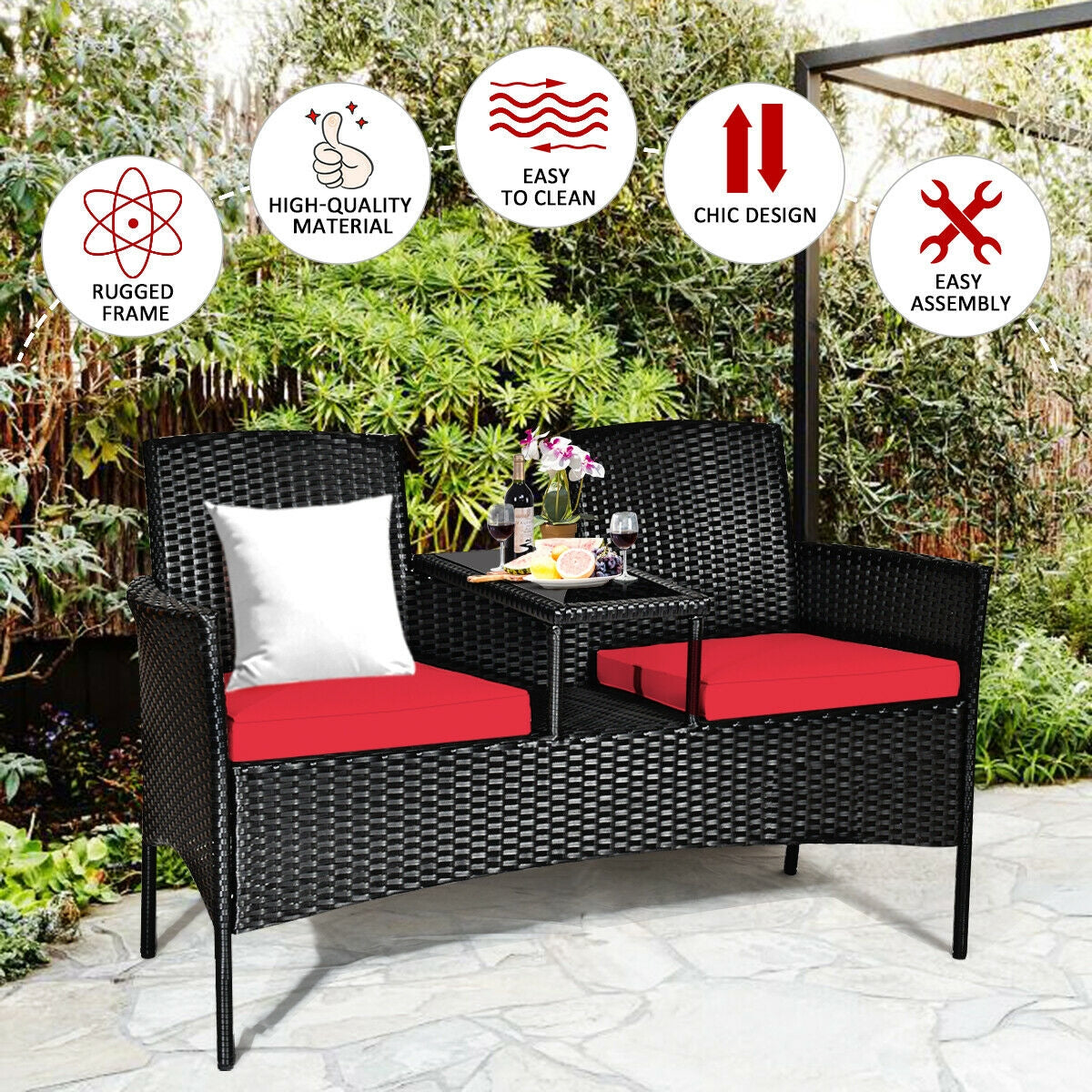 Wicker Patio Conversation Furniture Set with Removable Cushions and Table-Red - Fully Assembled