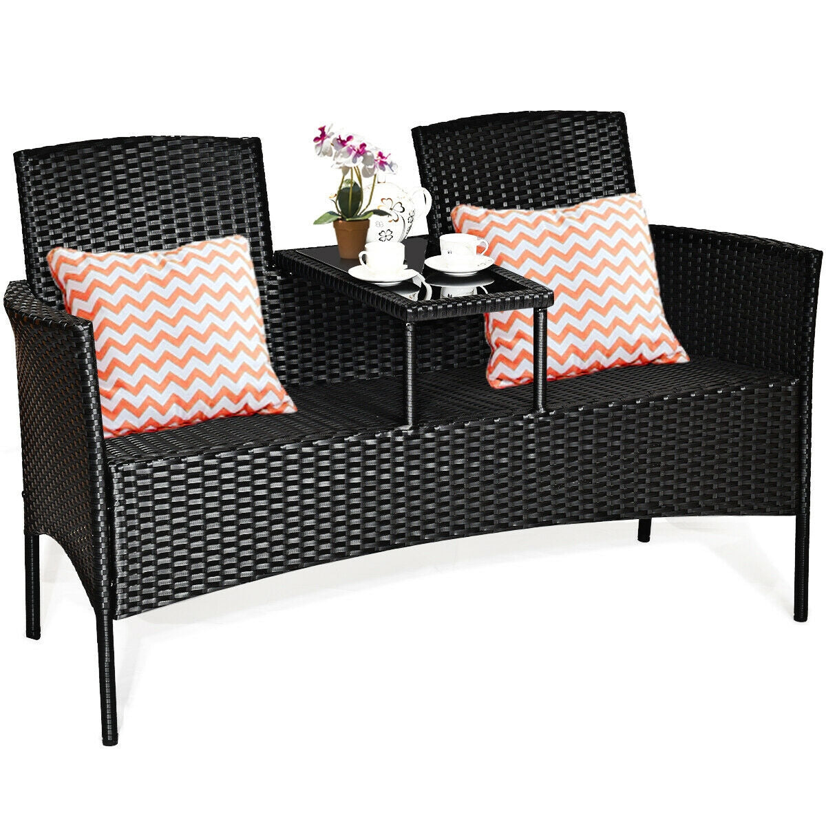 Wicker Patio Conversation Furniture Set with Removable Cushions and Table-Red - Fully Assembled