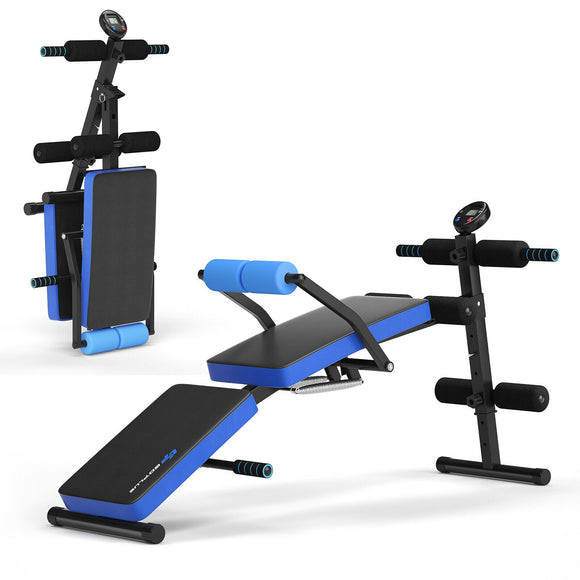 Multi-Functional Foldable Weight Bench Adjustable Sit-up Board with Monitor-Blue, 1 box, unassembled (Customer Return)