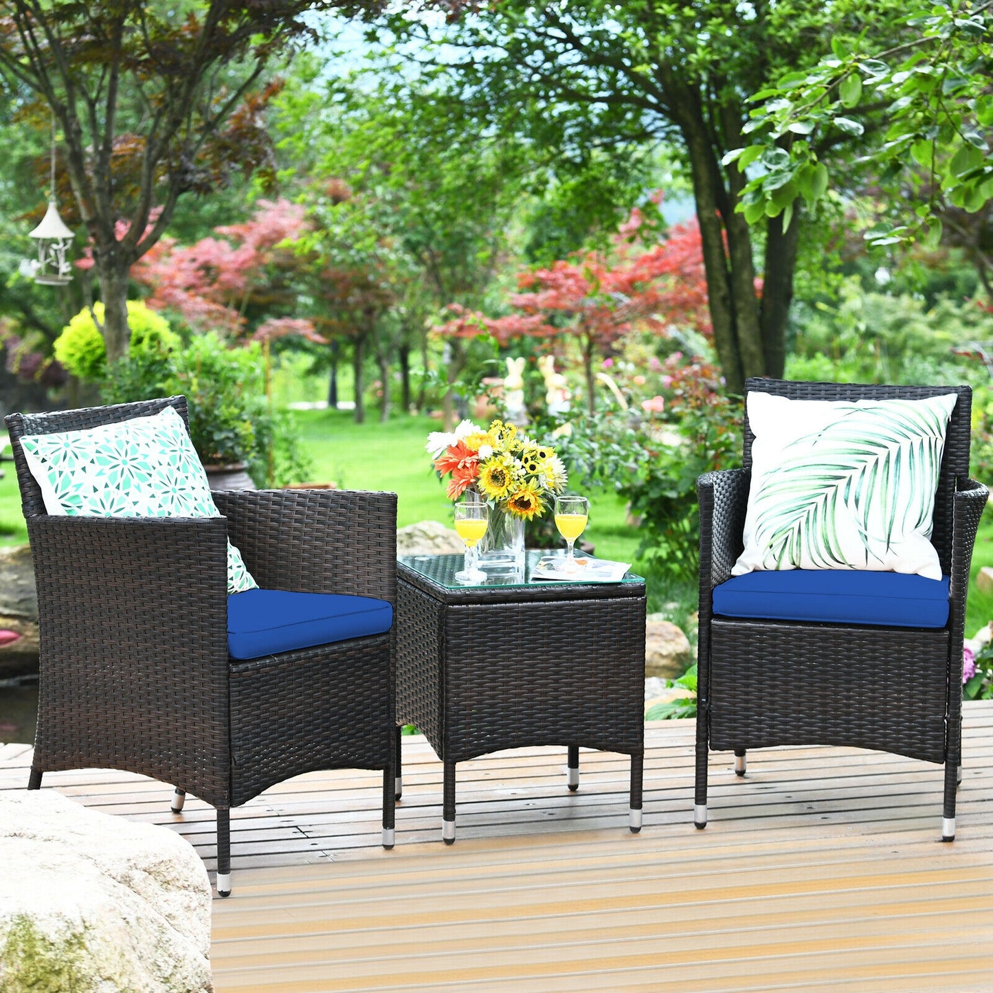 * SPECIAL* - 3 Pcs Patio Furniture Set Outdoor Wicker Rattan Set-Navy (Fully Assembled)