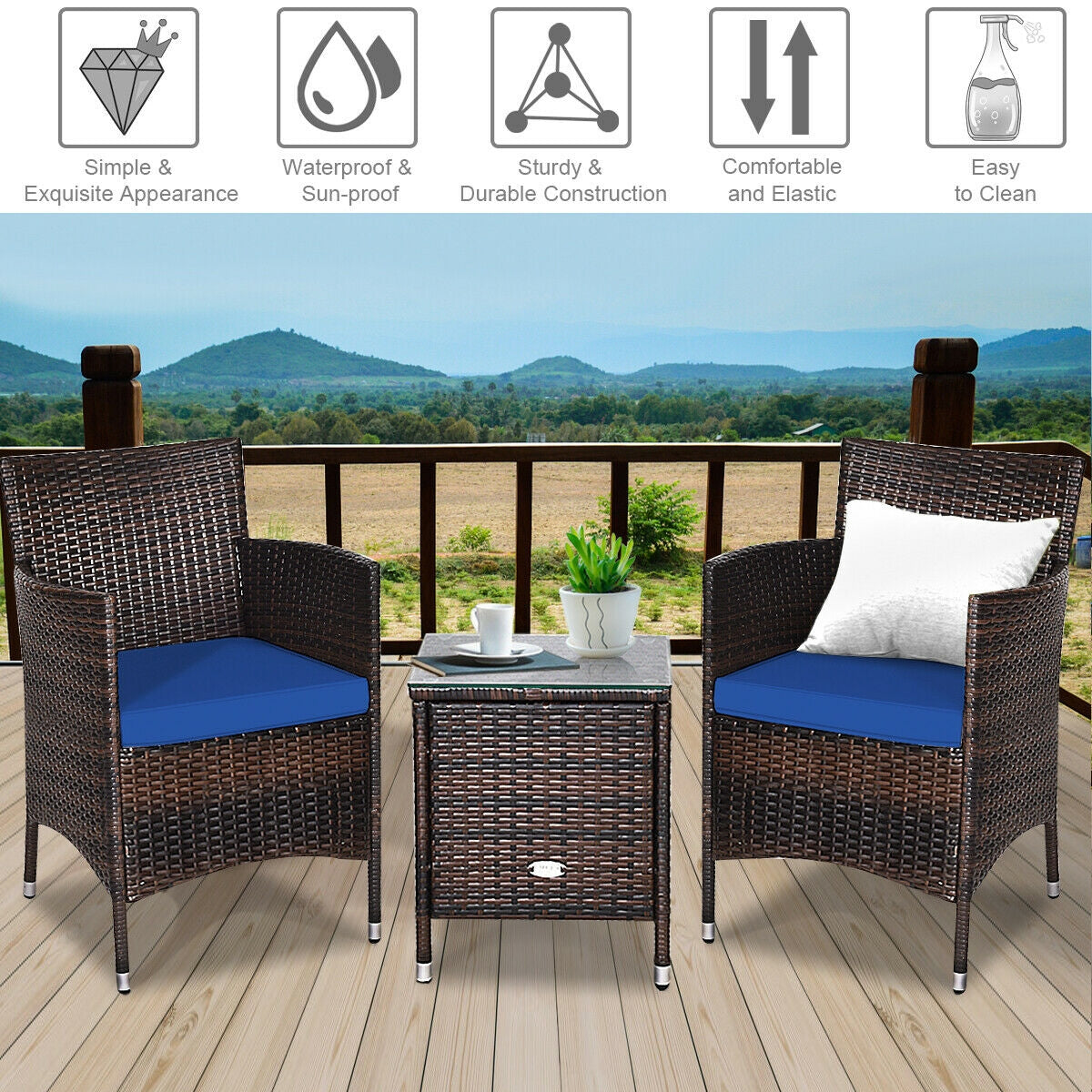 * SPECIAL* - 3 Pcs Patio Furniture Set Outdoor Wicker Rattan Set-Navy (Fully Assembled)