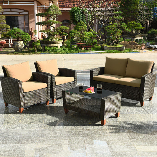 SPECIAL - 4 Pieces Patio Rattan Furniture Set with Cushions, Tan, Fully Assembled
