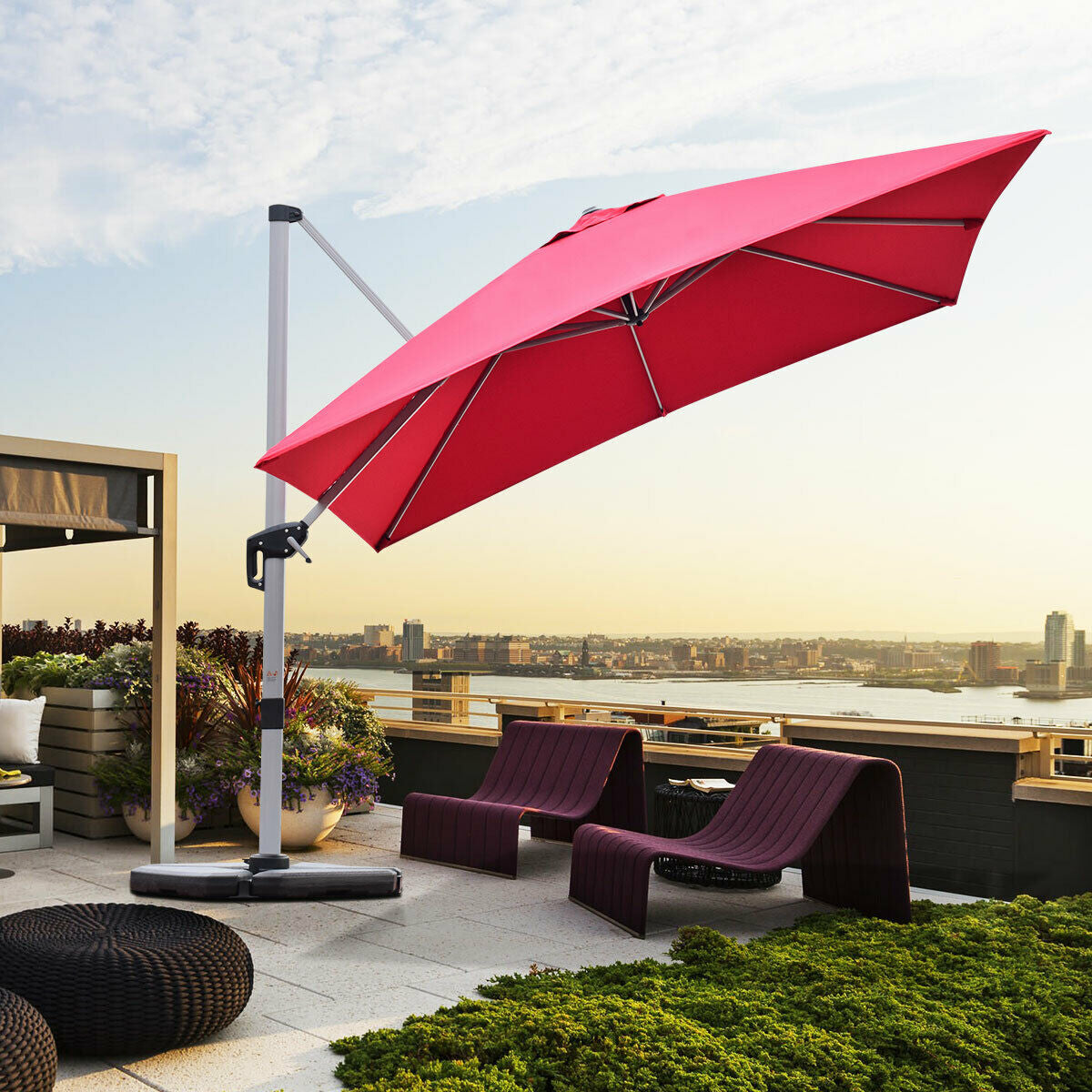 SPECIAL - 10 ft 360 Degree Tilt Aluminum Square Patio Offset Cantilever Umbrella without Weight Base-Burgundy
