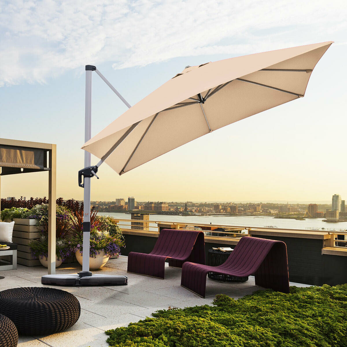 10 ft 360 Degree Tilt Aluminum Square Patio Offset Cantilever Umbrella without Weight Base