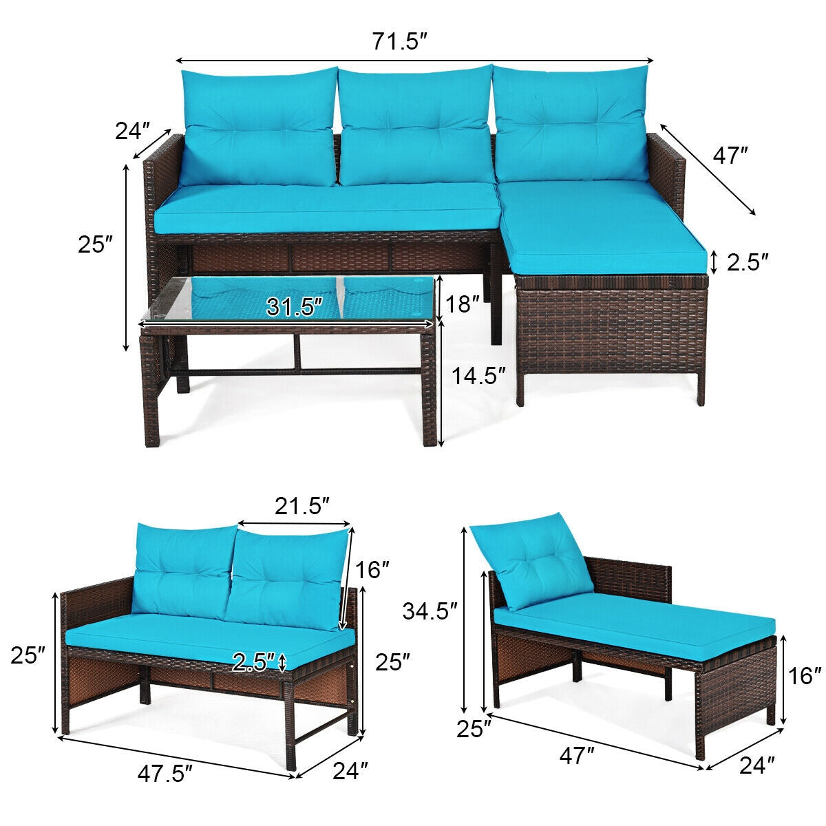 Outdoor Patio Wicker Rattan Sofa Set-Turquoise (Fully Assembled)