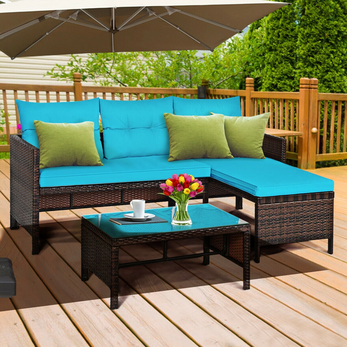 Outdoor Patio Wicker Rattan Sofa Set-Turquoise (Fully Assembled)