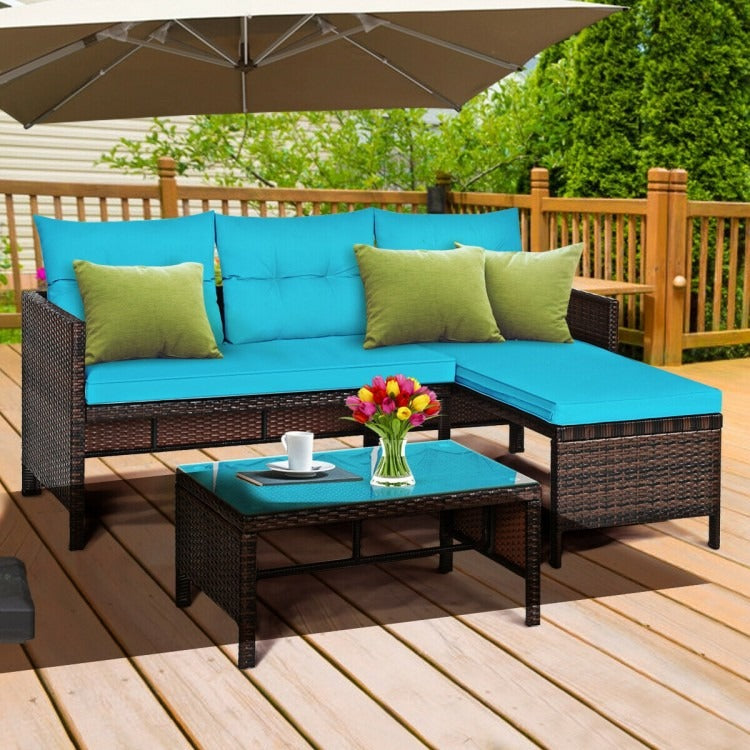 3 Piece Outdoor Patio Corner Rattan Sofa Set, FULLY ASSEMBLED