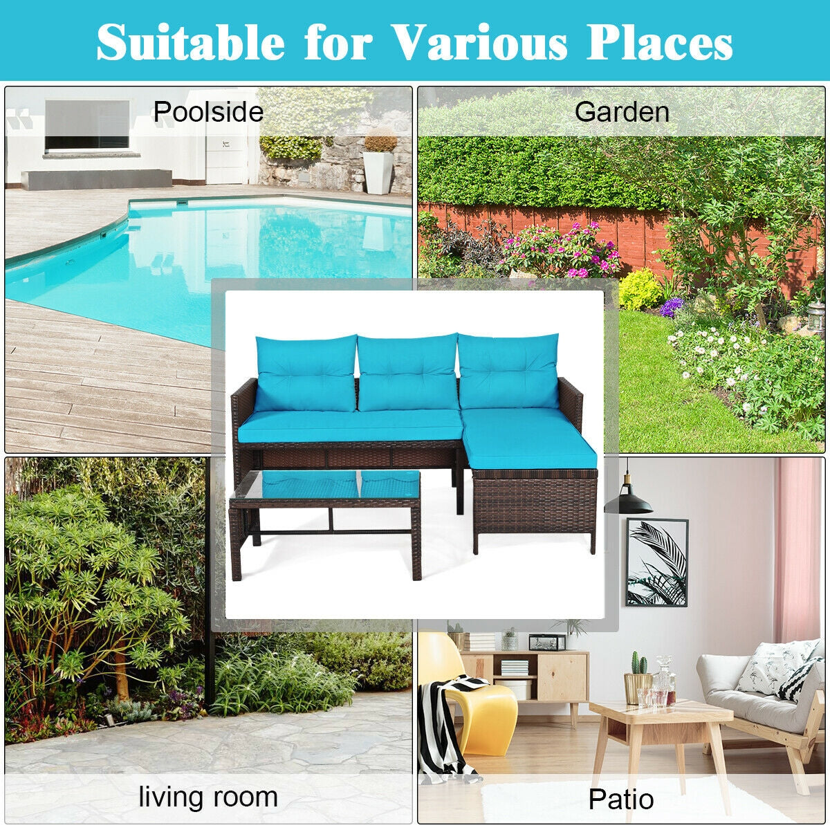 Outdoor Patio Wicker Rattan Sofa Set-Turquoise (Fully Assembled)