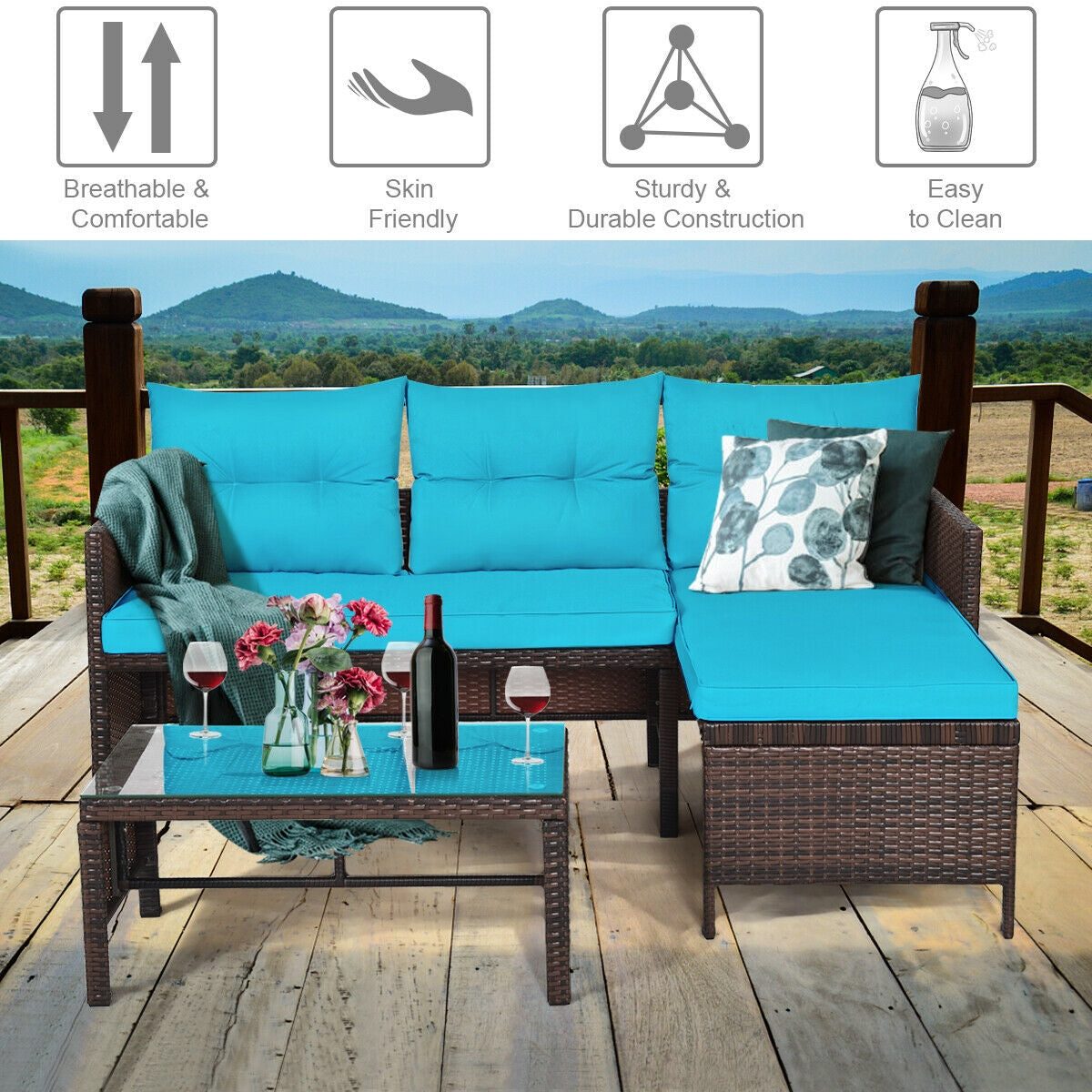 Outdoor Patio Wicker Rattan Sofa Set-Turquoise (Fully Assembled)