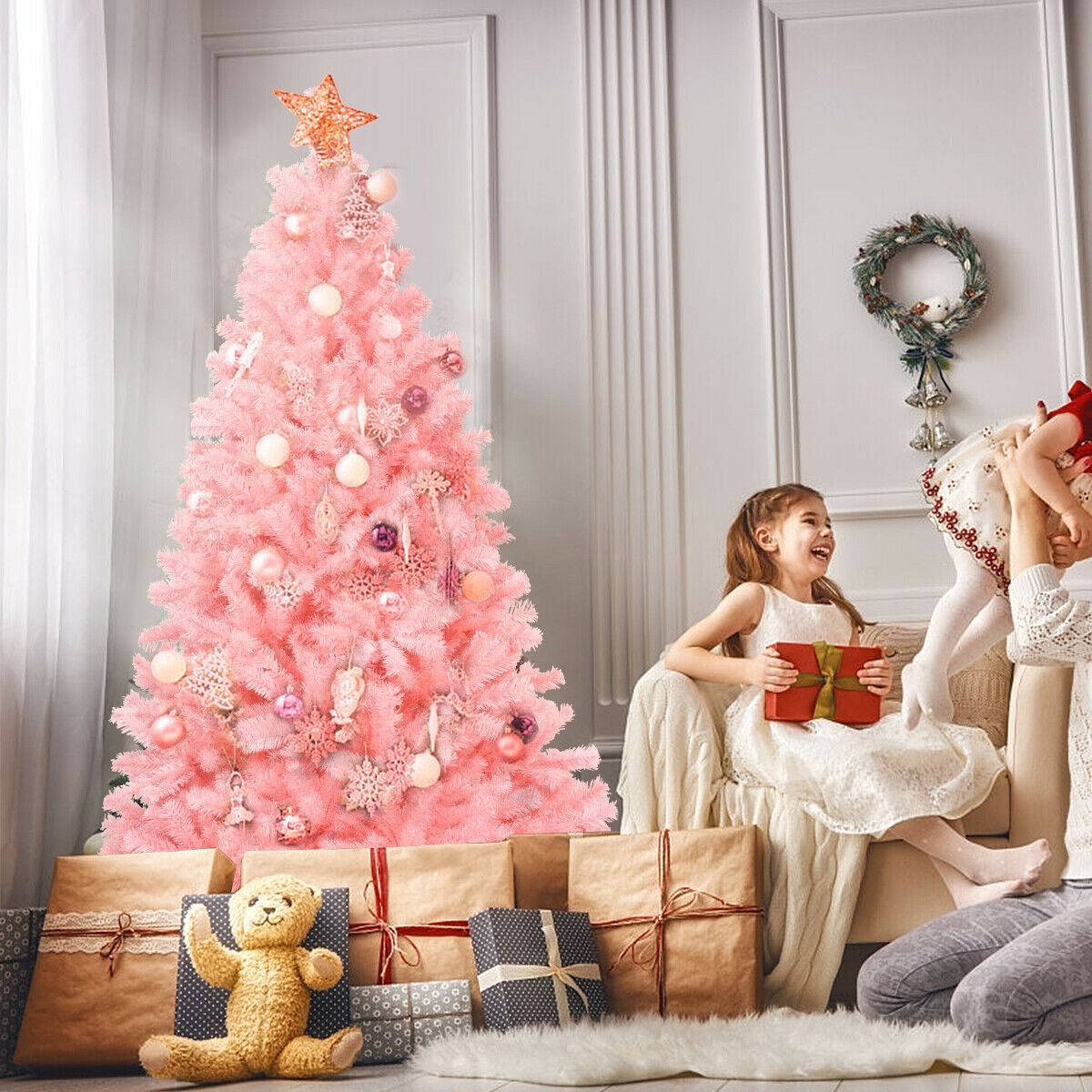 6 Feet Pink Artificial Hinged Spruce Full Christmas Tree, assembled, final sale