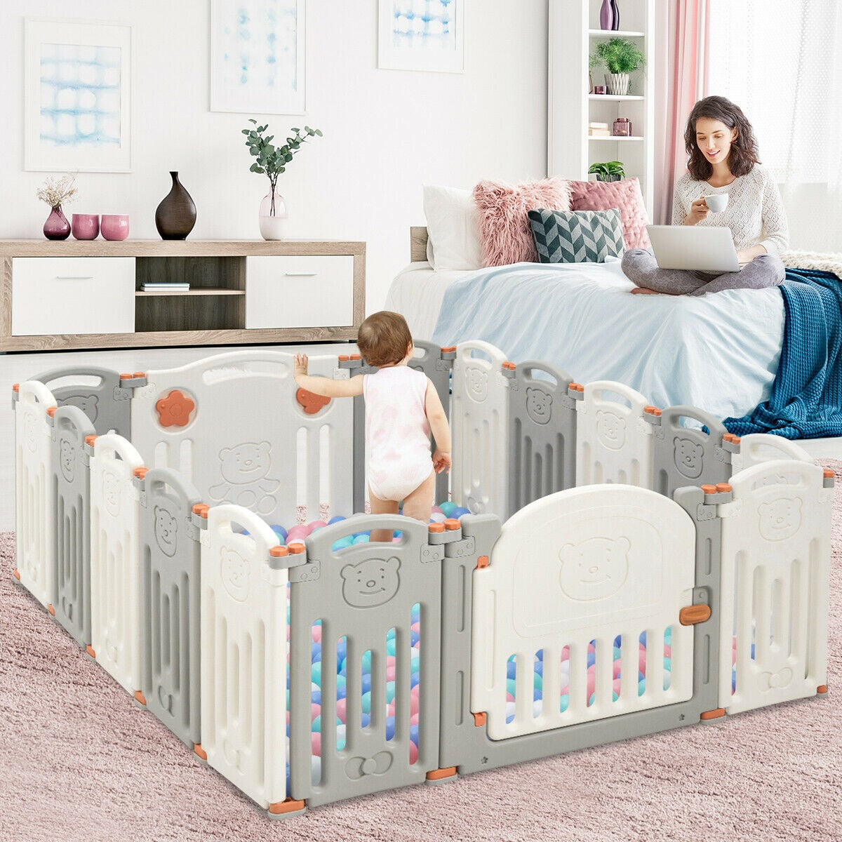 16 Panel Activity Safety Baby Playpen with Lock Door, unassembled