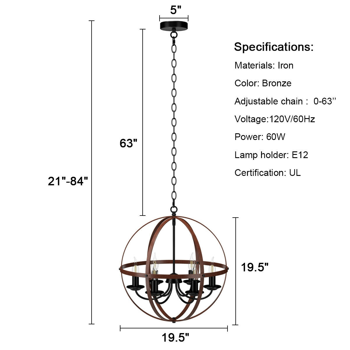 6-Light Orb Chandelier Rustic Vintage Ceiling Lamp