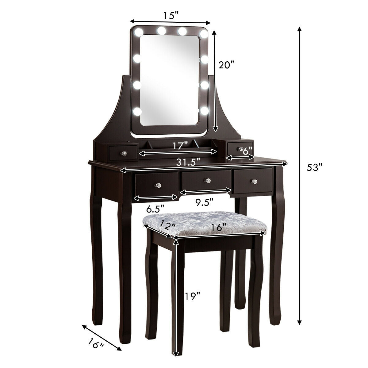 Vanity Dressing Table Set with  and Cushioned Stool-Brown - Scratch and Dent