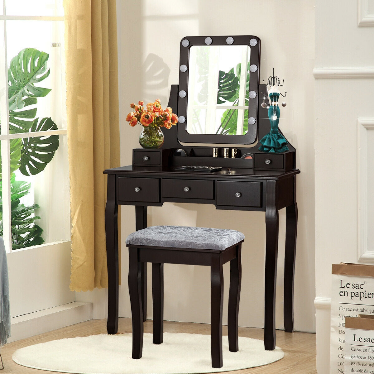 Vanity Dressing Table Set with  and Cushioned Stool-Brown - Scratch and Dent