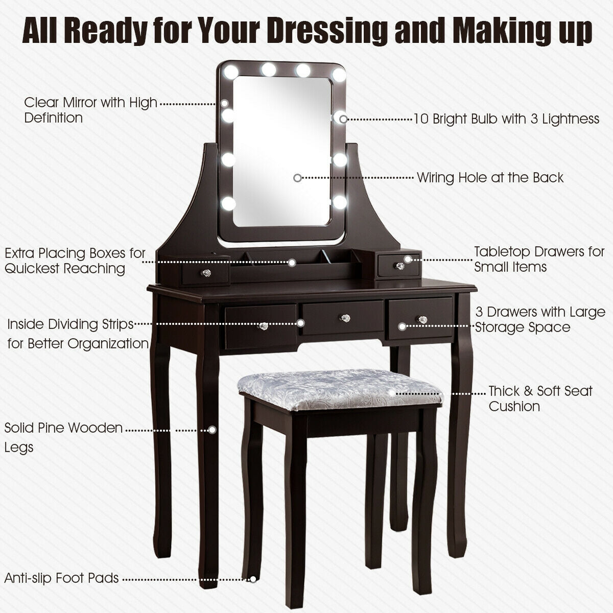 Vanity Dressing Table Set with  and Cushioned Stool-Brown - Scratch and Dent