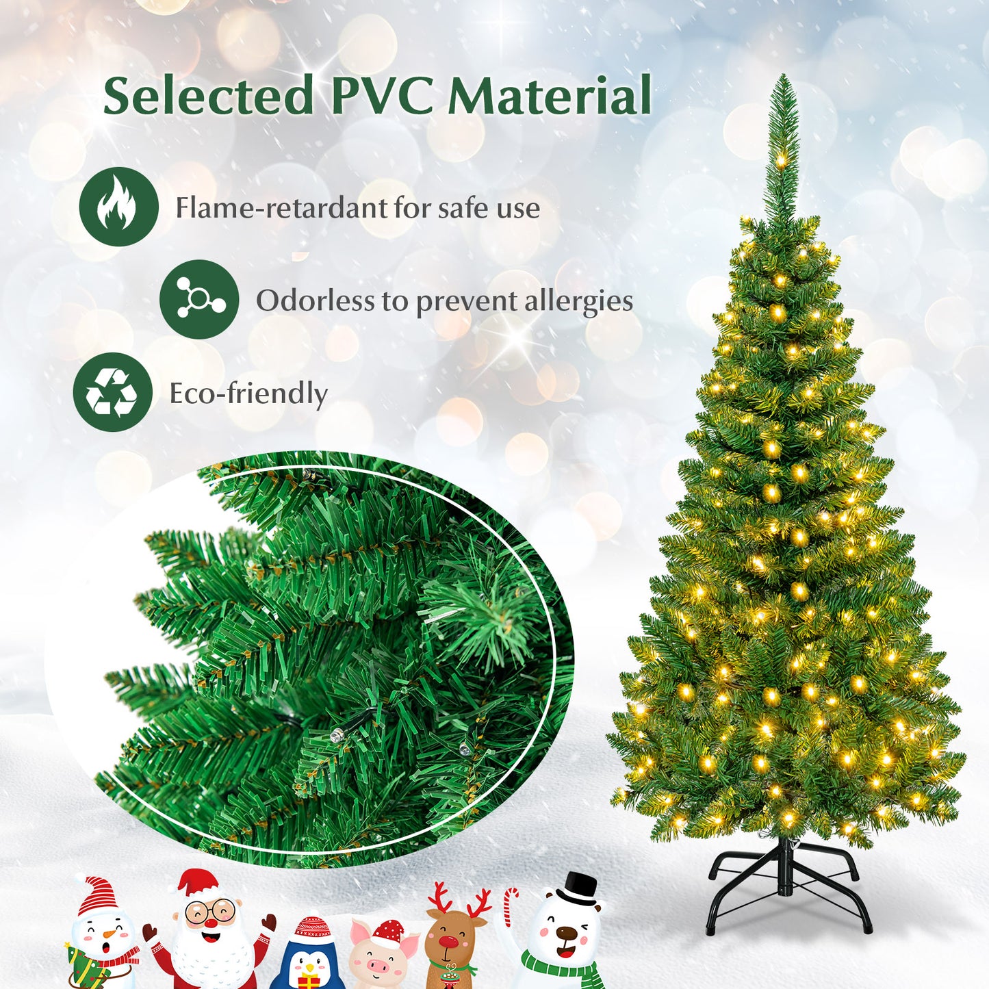 4.5 ft Pre-Lit Premium Hinged Artificial Fir Pencil Christmas Tree with LED Lights-Warm White