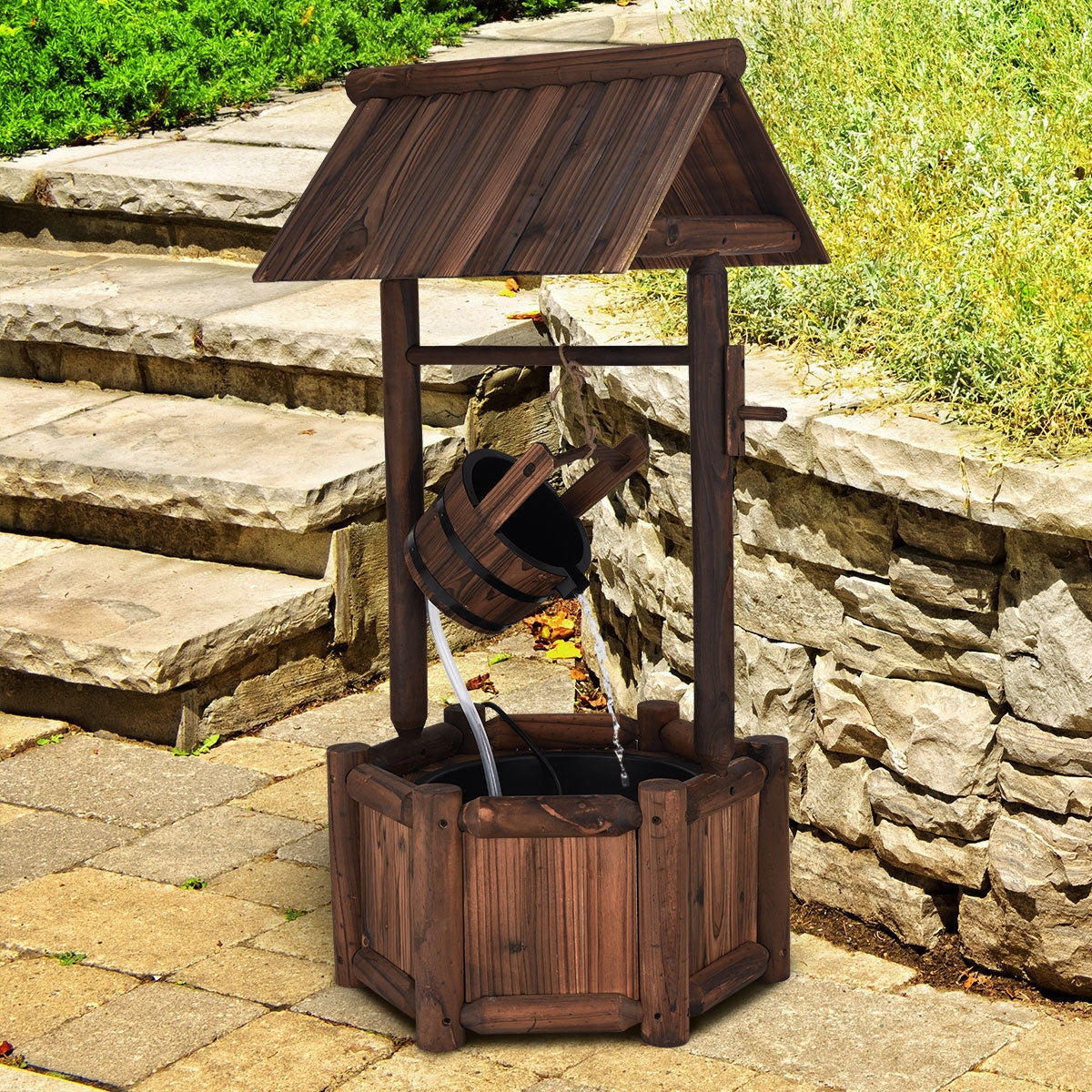 Garden Wooden Wishing Water Fountain with Pump, assembled, damaged, please see image