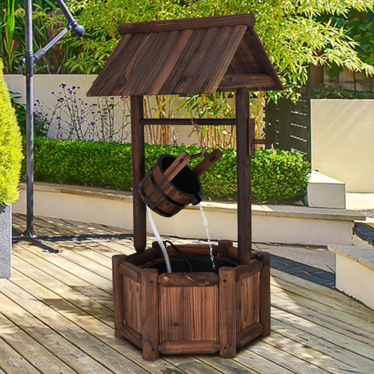 Garden Wooden Wishing Water Fountain with Pump, assembled, damaged, please see image