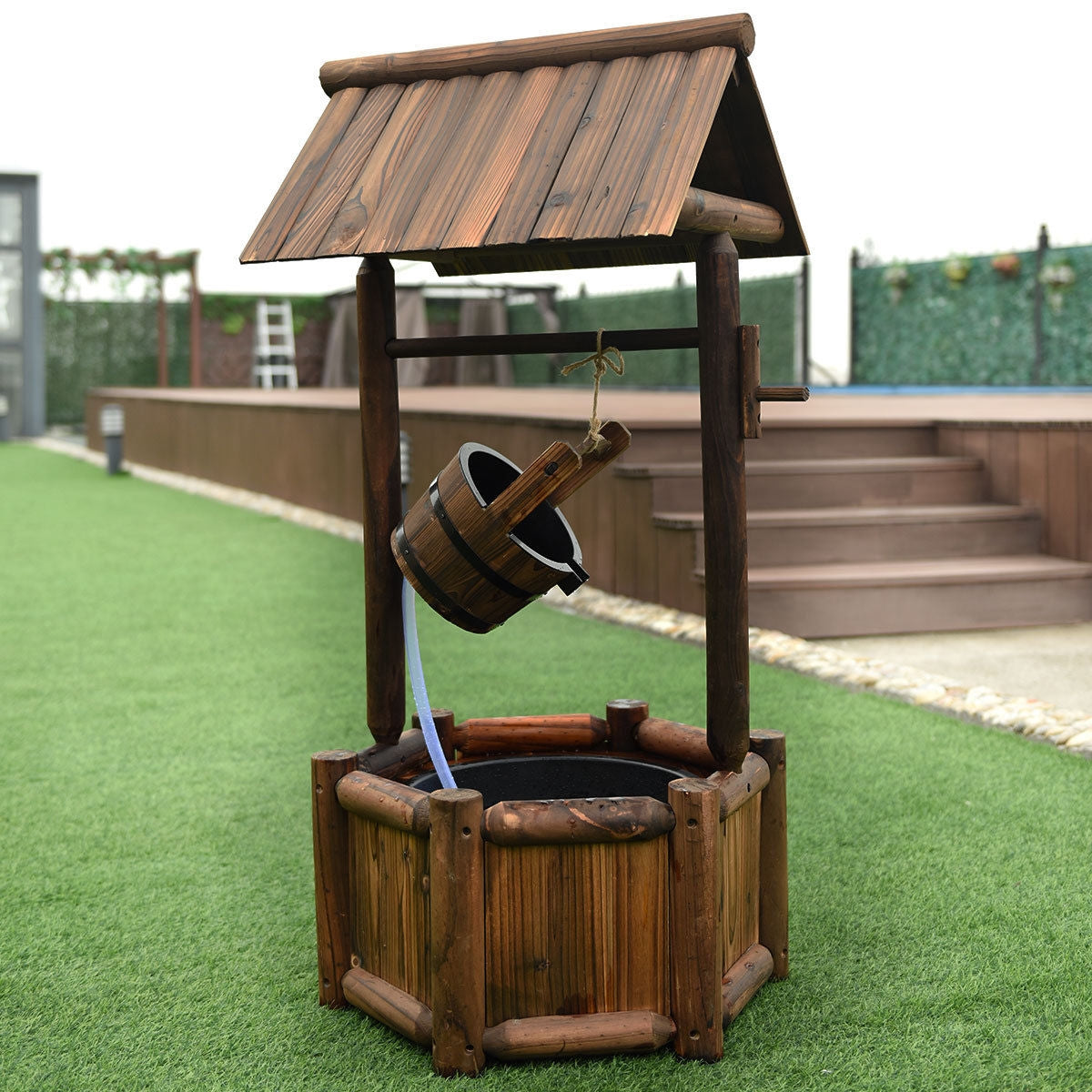 Garden Wooden Wishing Water Fountain with Pump, assembled, damaged, please see image