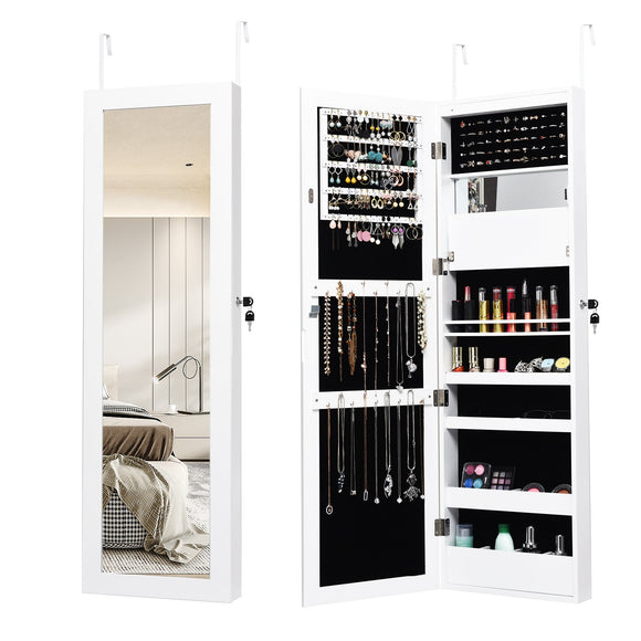 Lockable Wall Door Mounted Mirror Jewelry Cabinet with LED Lights-White