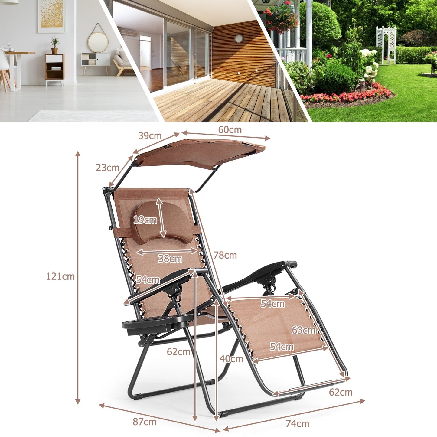 Folding Recliner Lounge Chair w/ Shade Canopy Cup Holder-Coffee (Copy)