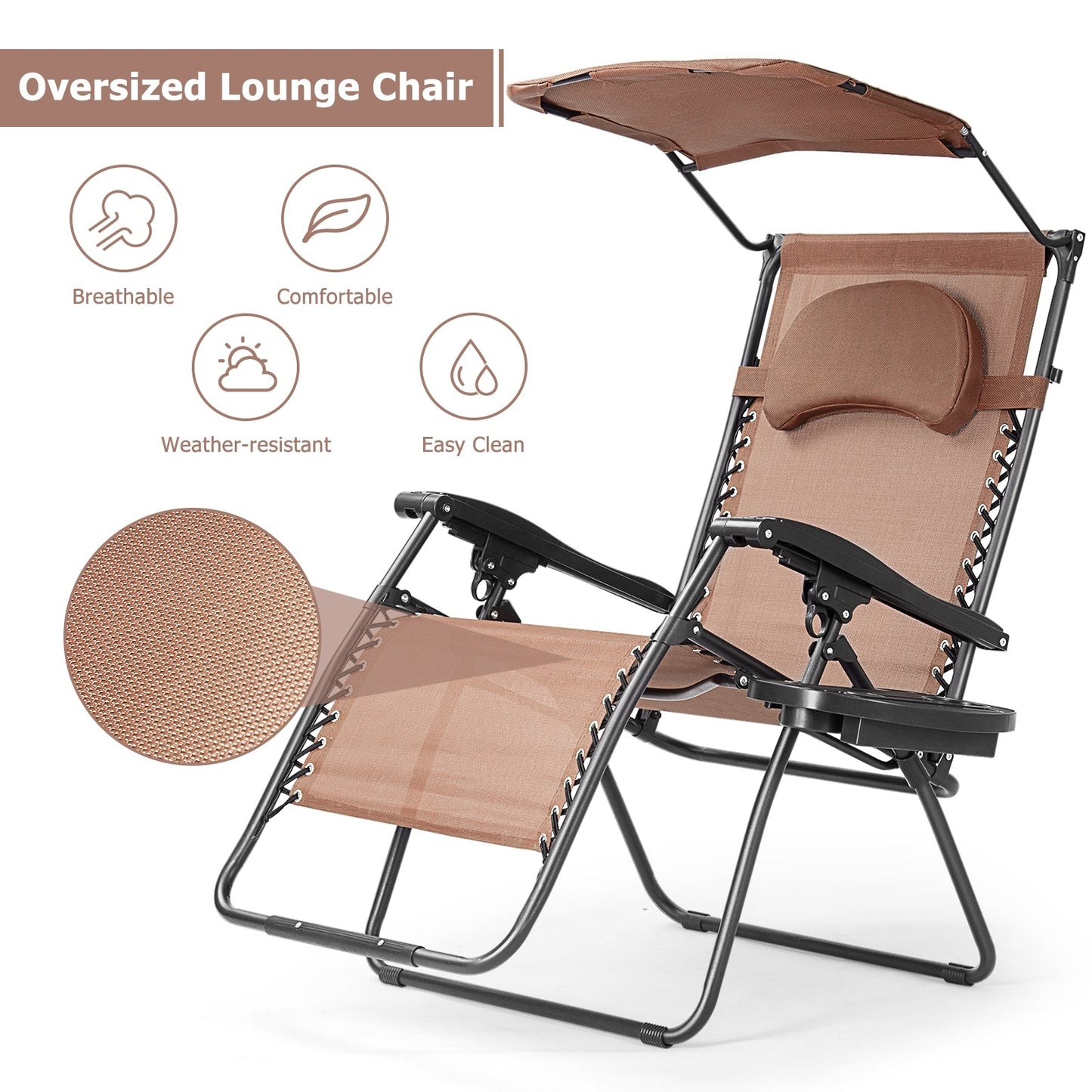 Folding Recliner Lounge Chair w/ Shade Canopy Cup Holder-Coffee (Copy)