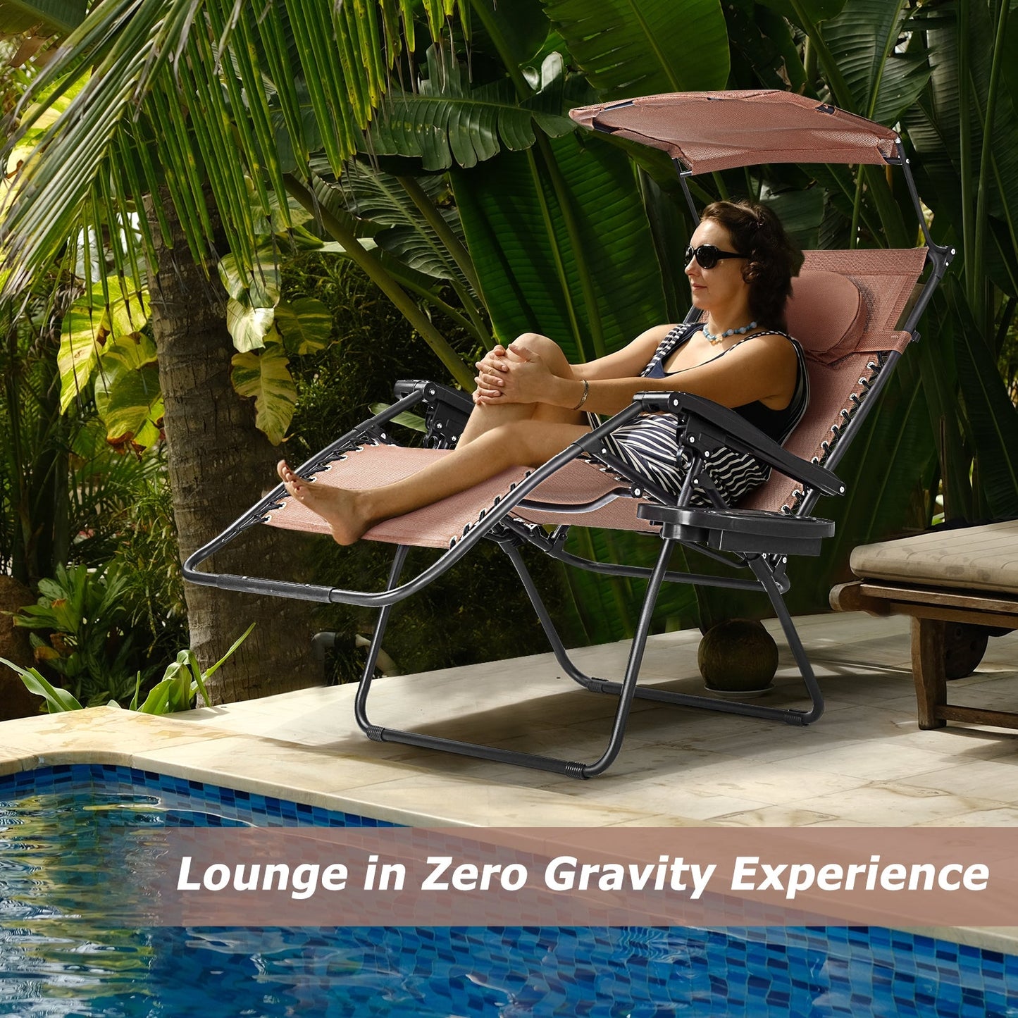 Folding Recliner Lounge Chair w/ Shade Canopy Cup Holder-Coffee (Copy)