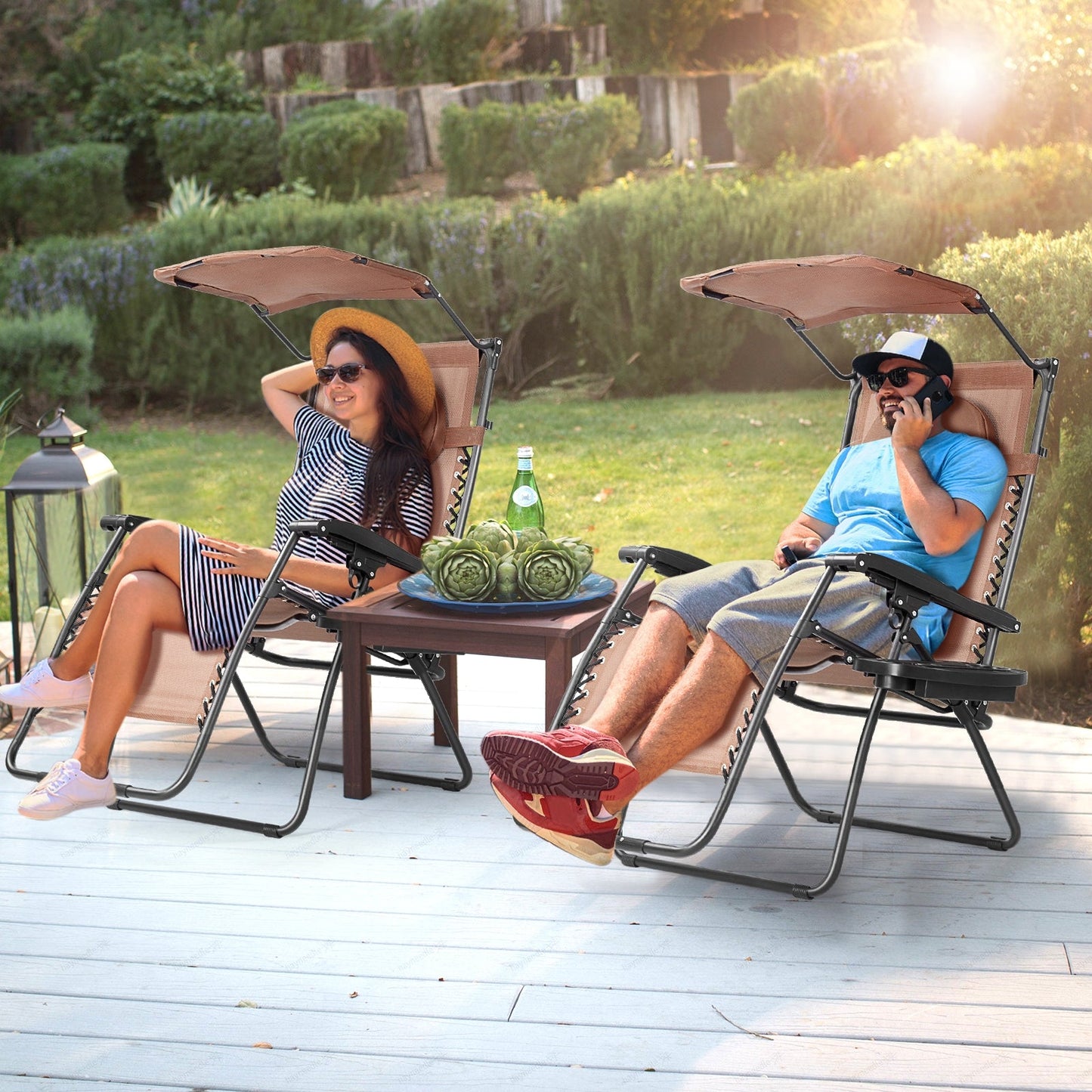 Folding Recliner Lounge Chair w/ Shade Canopy Cup Holder-Coffee (Copy)