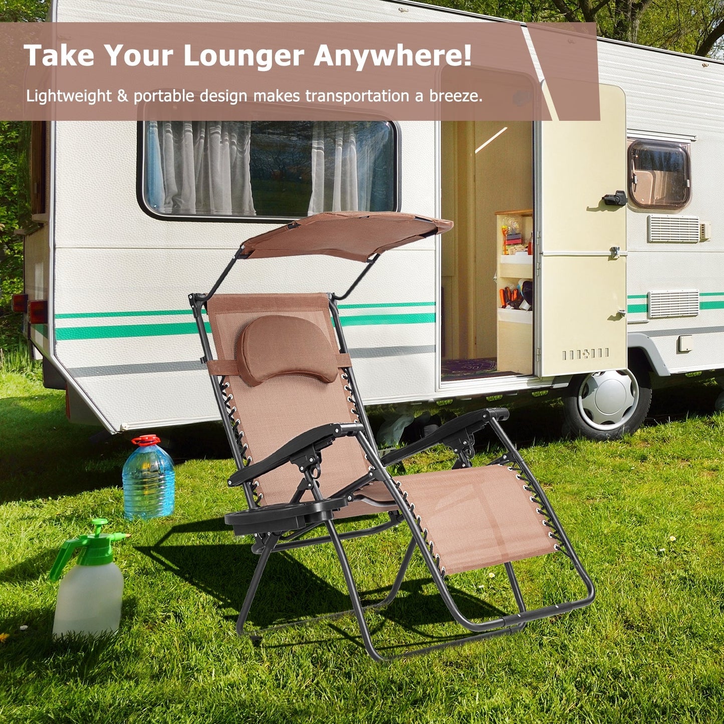 Folding Recliner Lounge Chair w/ Shade Canopy Cup Holder-Coffee (Copy)