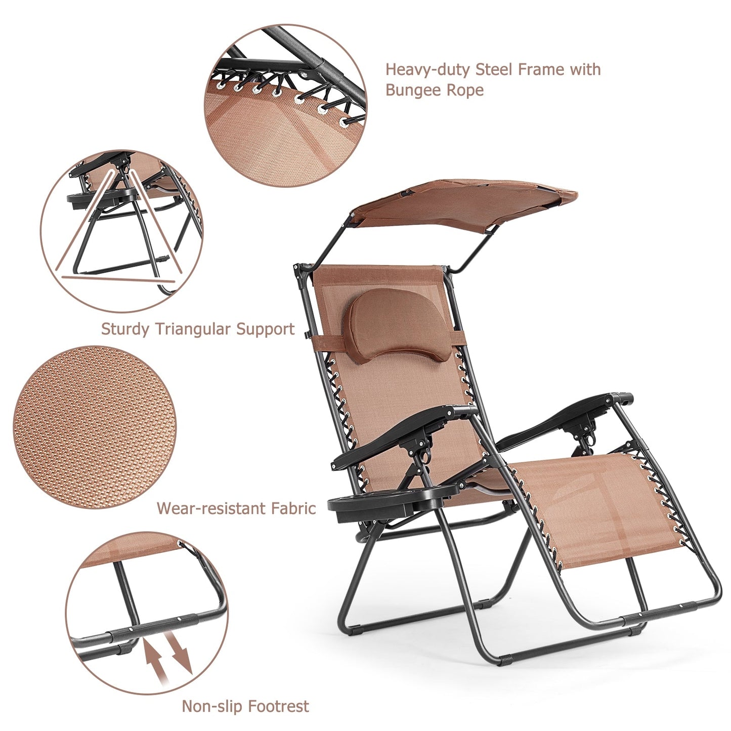 Folding Recliner Lounge Chair w/ Shade Canopy Cup Holder-Coffee (Copy)