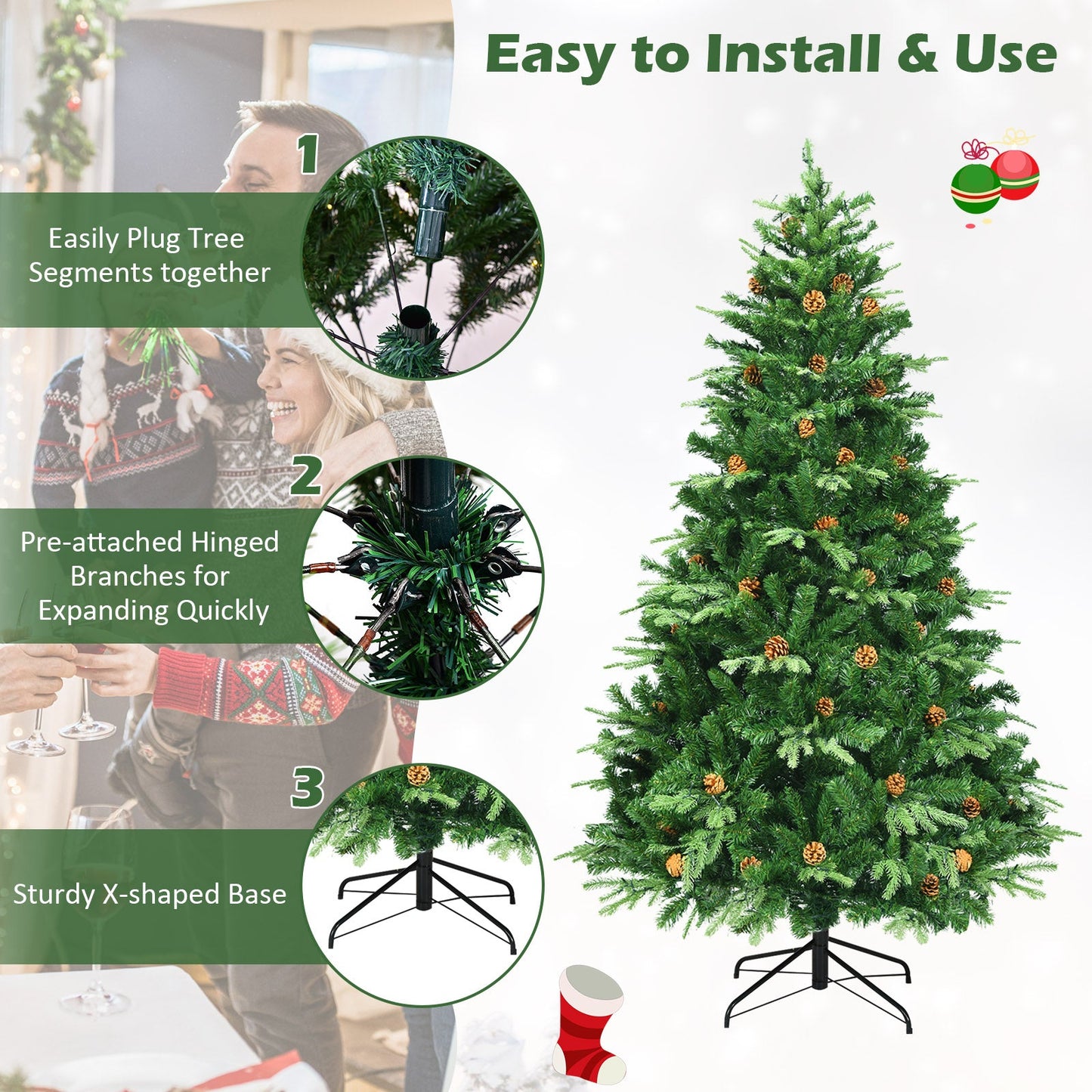 Artificial Christmas Tree with LED Lights and Pine Cones-7' ASSEMBLED, FINAL SALE