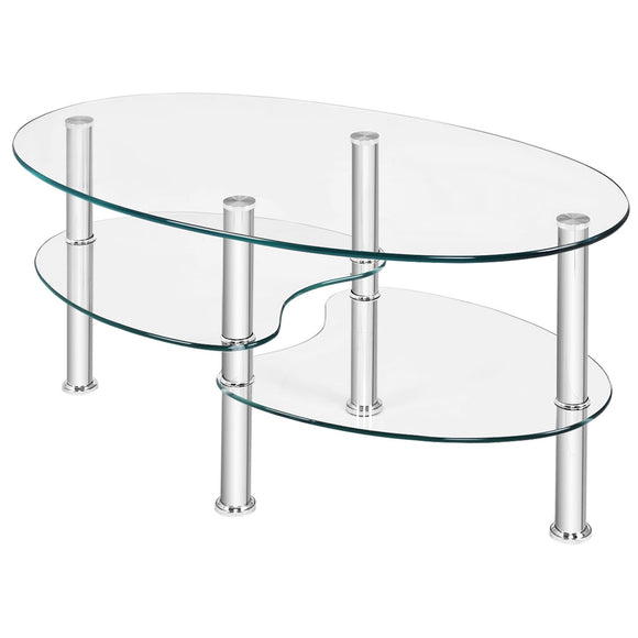 Tempered Glass Oval Side Coffee Table-Transparent - Fully Assembled