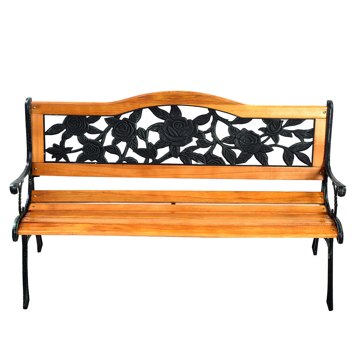 50'' Patio Park Garden Bench, Outdoor Furniture Rose Cast Iron Hardwood Frame (Fully Assembled)