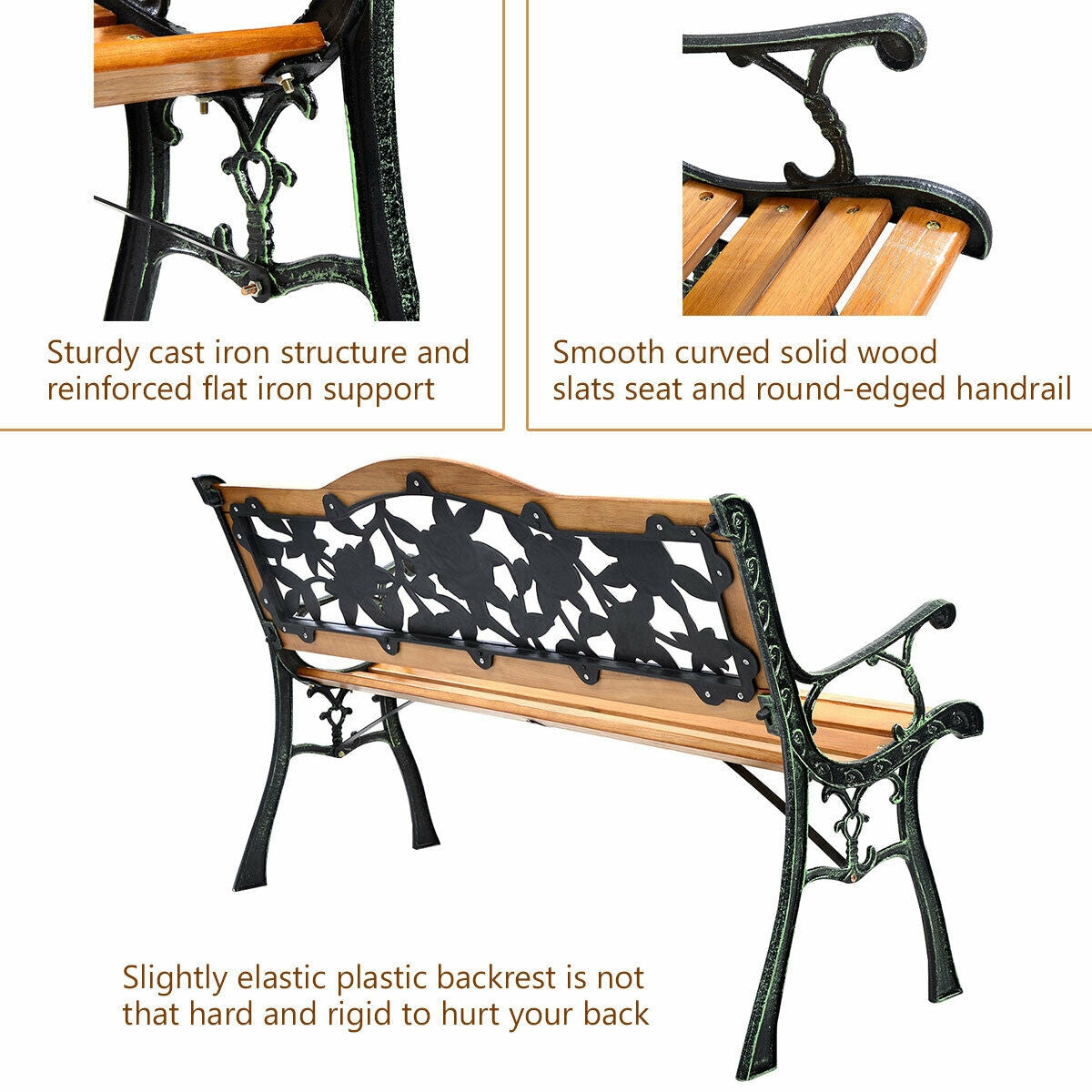 50'' Patio Park Garden Bench, Outdoor Furniture Rose Cast Iron Hardwood Frame (Fully Assembled)