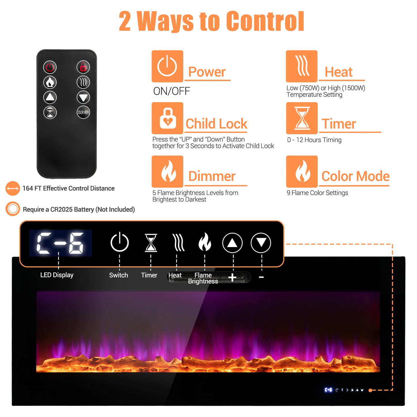 50 Inch Wall Mounted or Recessed Electric Fireplace, works with remote only, special