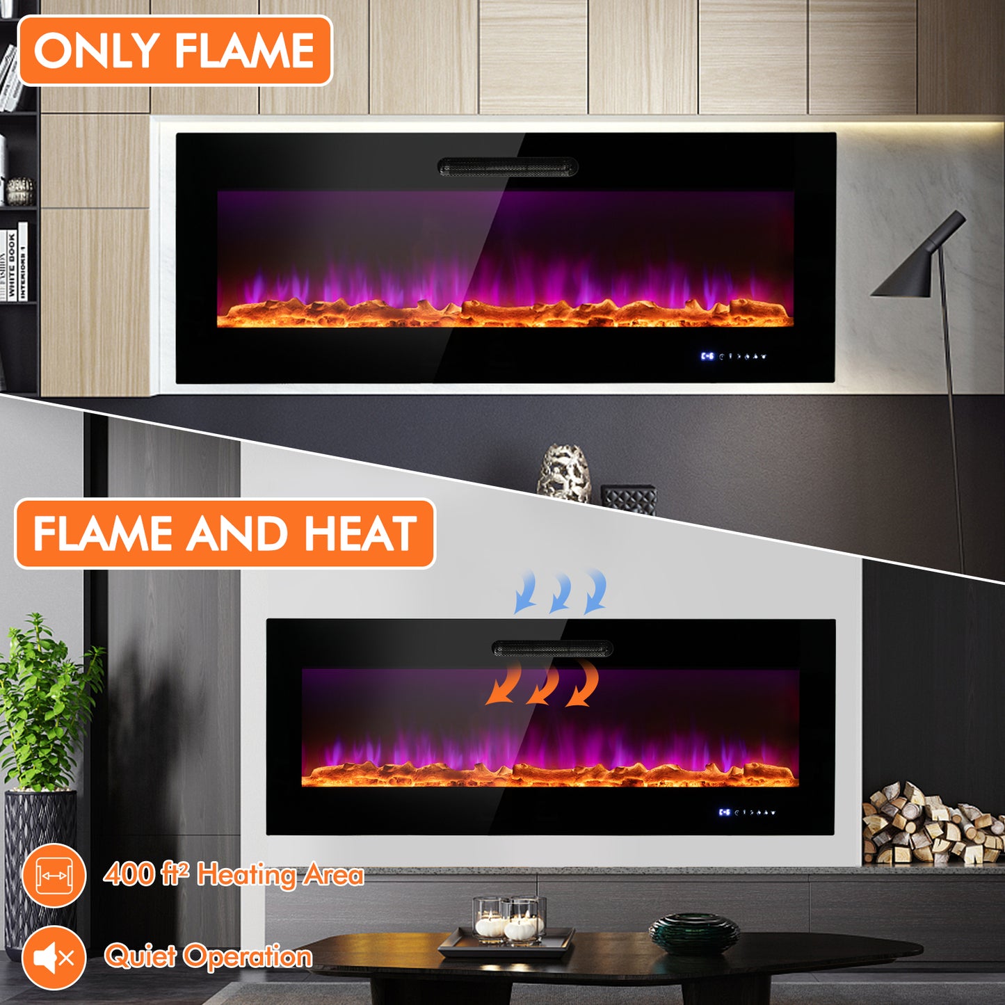 50 Inch Wall Mounted or Recessed Electric Fireplace, works with remote only, special