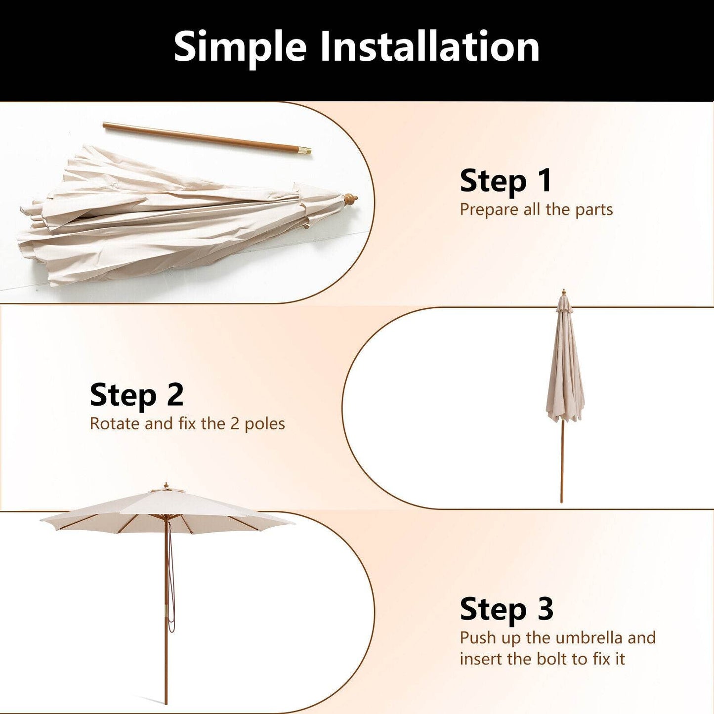 Adjustable 10 Feet Wooden Outdoor Umbrella Sunshade-Beige