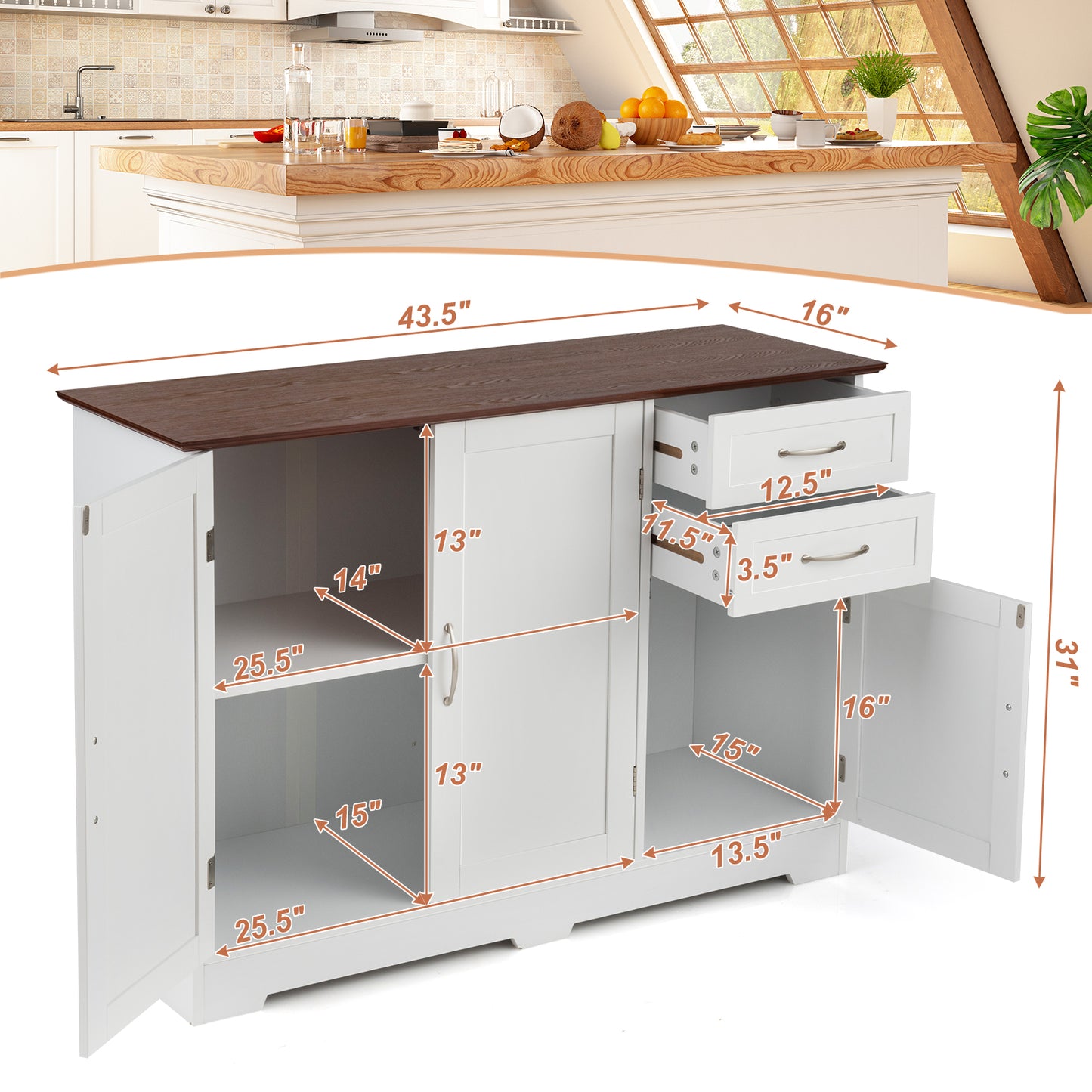 Buffet Storage Cabinet Kitchen Sideboard with 2 Drawers-White (ASSEMBLED) [Scratch and Dent]