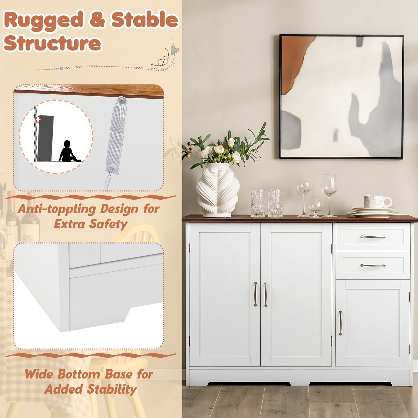 Buffet Storage Cabinet  Kitchen Sideboard with 2 Drawers-White