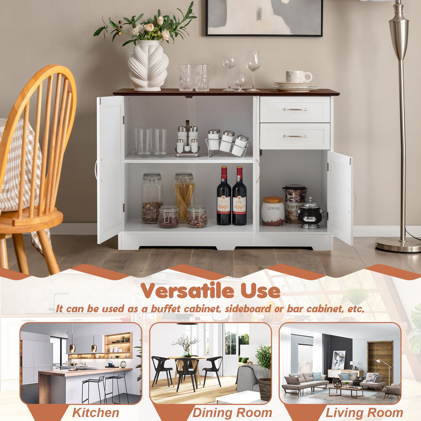 Buffet Storage Cabinet Kitchen Sideboard with 2 Drawers-White (ASSEMBLED) [Scratch and Dent]