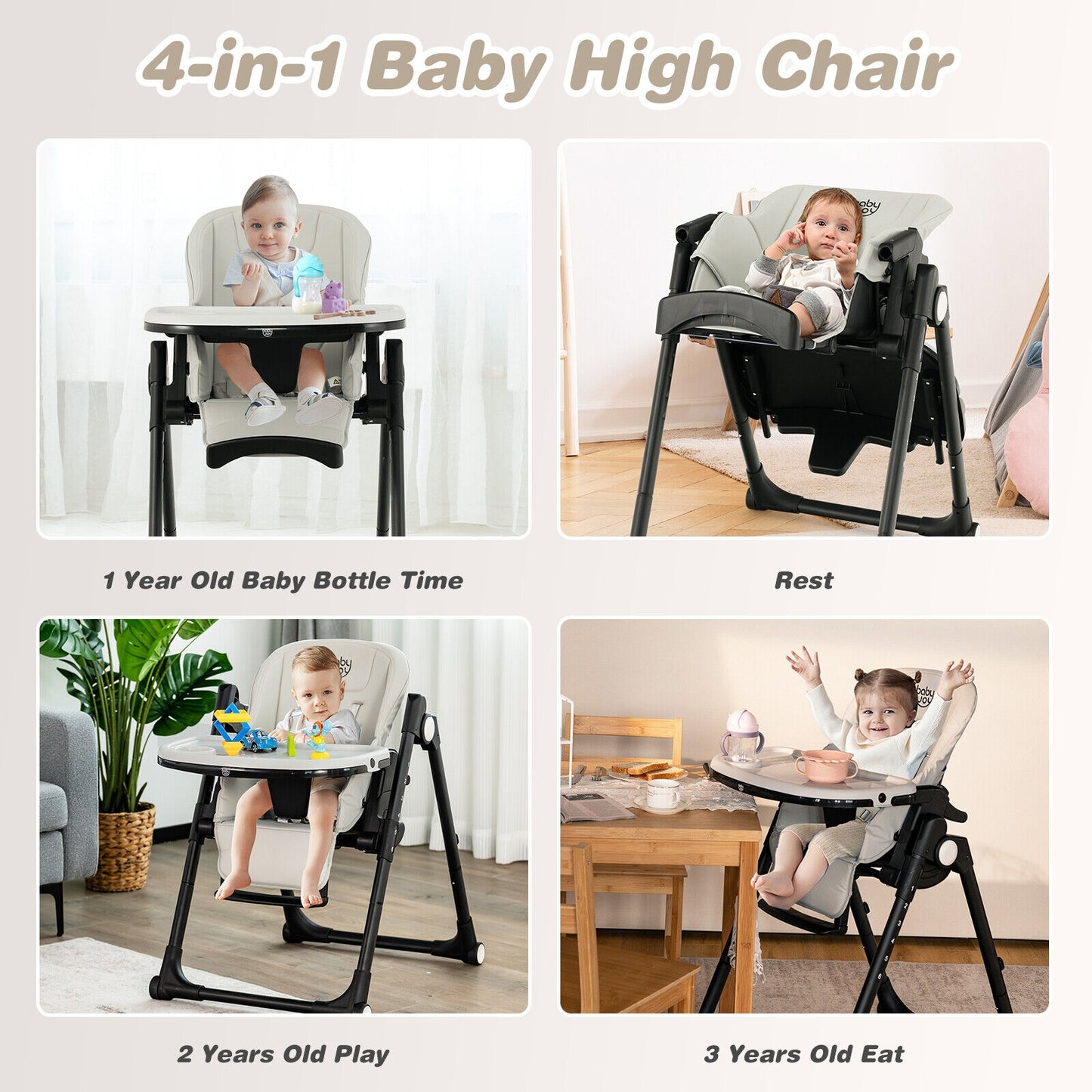 4-in-1 Baby High Chair with 6 Adjustable Heights-Gray (1 Box, Unassembled)