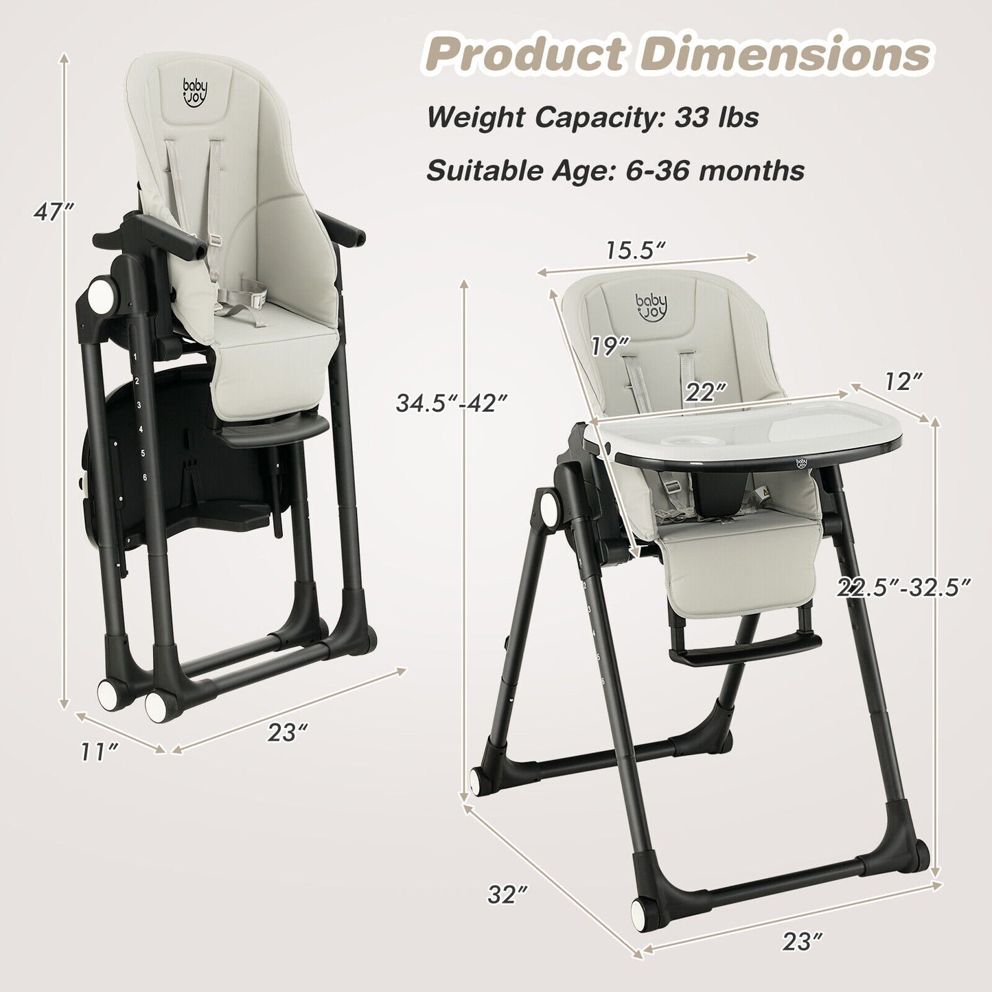4-in-1 Baby High Chair with 6 Adjustable Heights-Gray (1 Box, Unassembled)