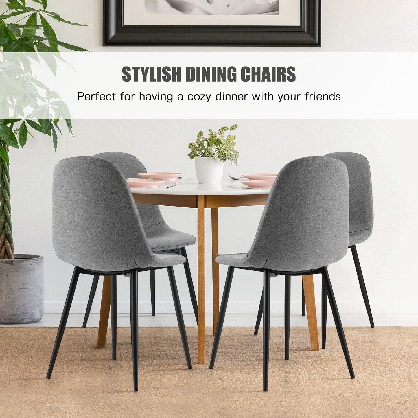 Dining Chairs Set of 2 with Black Metal Legs-Gray