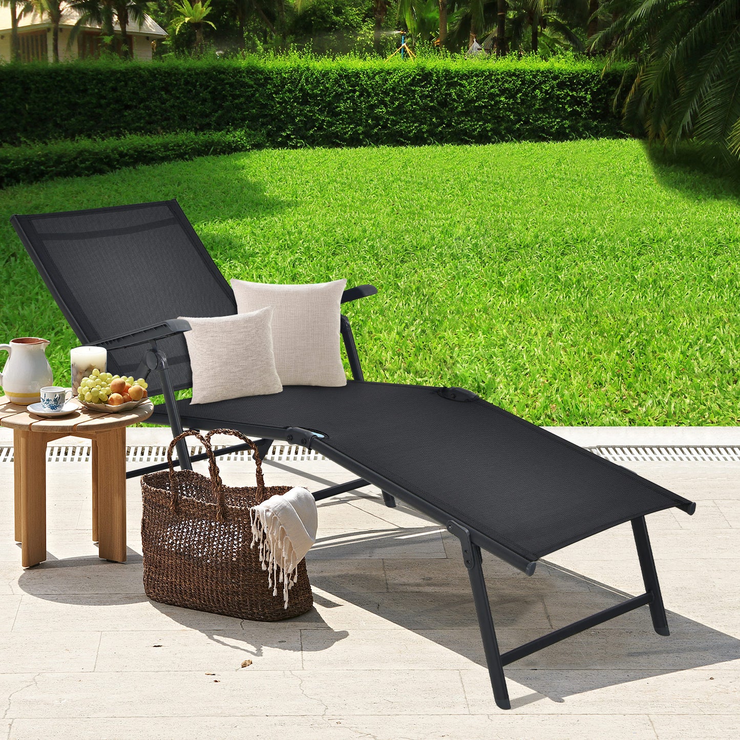 Patio Foldable Chaise Lounge Chair with Backrest and Footrest-Black, Customer Return / Tested