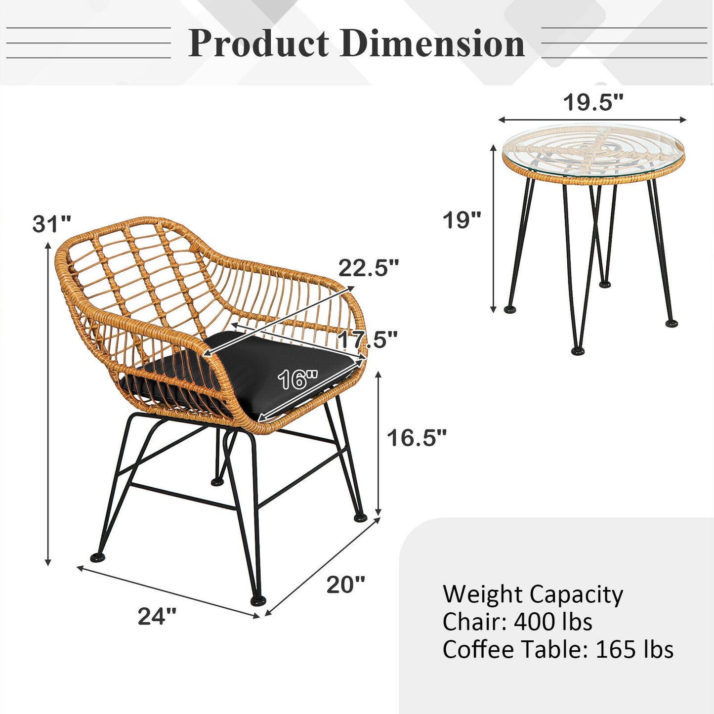 3 Pieces Rattan Furniture Set with Cushioned Chair Table-Black (Assembled)