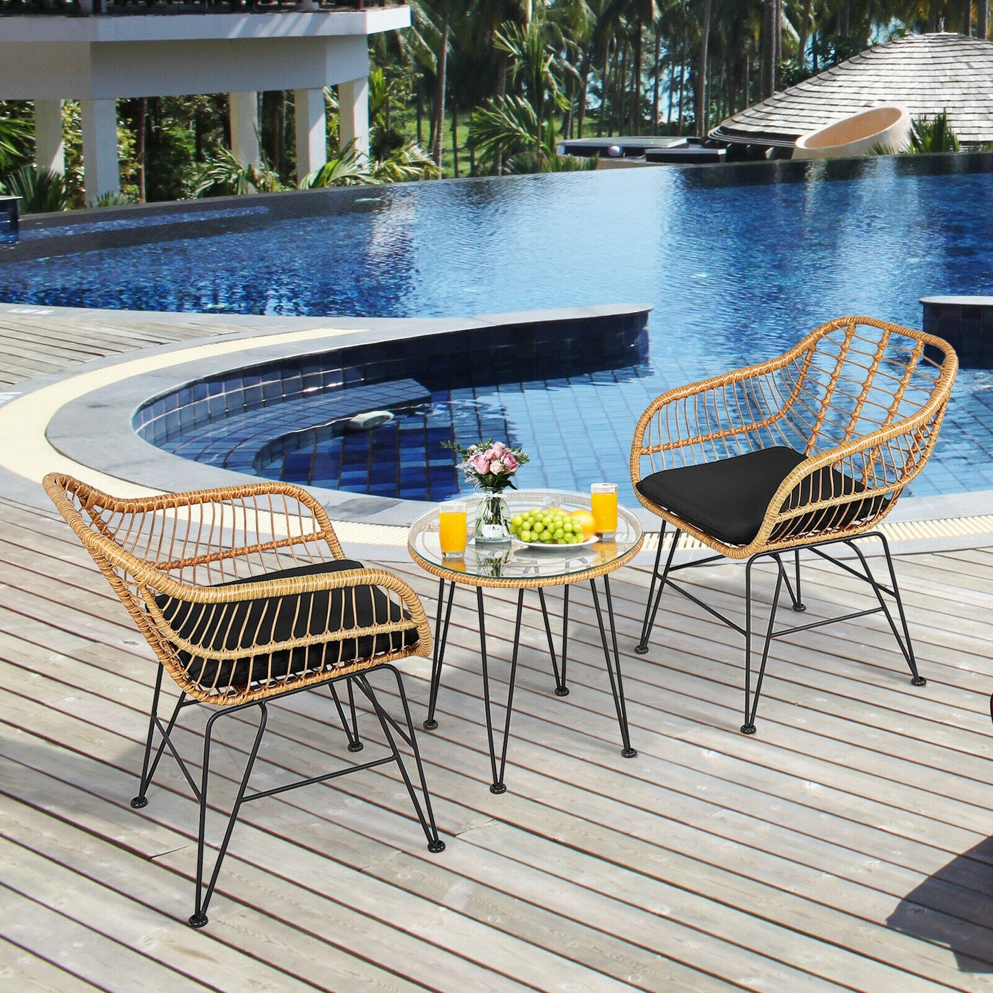 3 Pieces Rattan Furniture Set with Cushioned Chair Table-Black (Assembled)